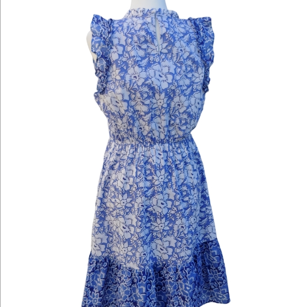 J. Crew Cotton Tiered Ruffle Midi Dress Blue Floral Women's size 10 - Picture 4 of 17